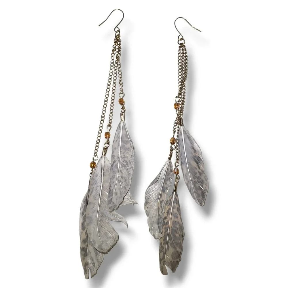 Boho Feather Shoulder Duster Dangle Earrings Gold Tone 6